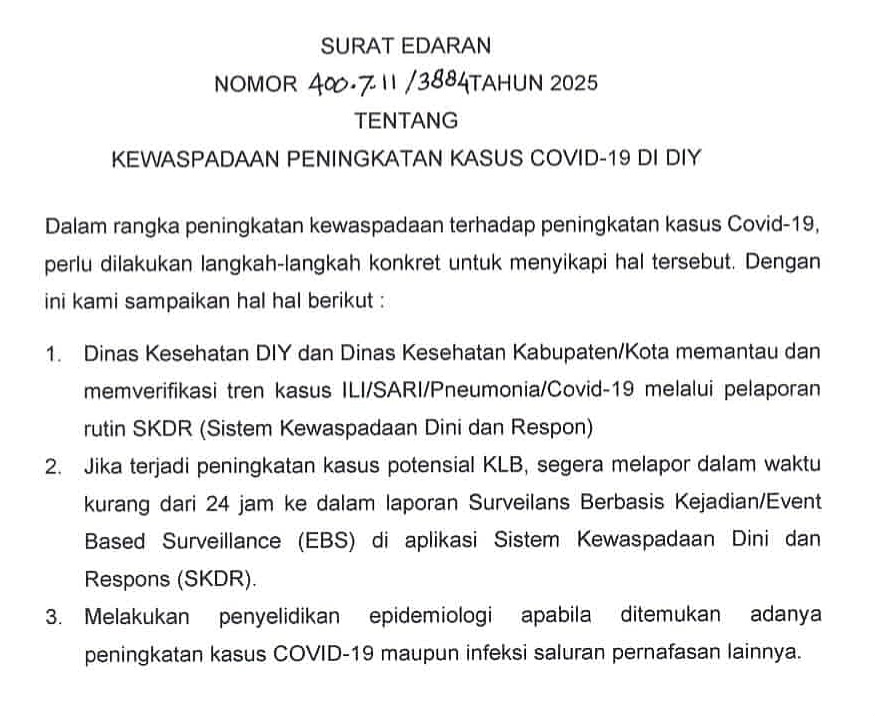 Gubernur DIY Terbitkan Surat Edaran Antisipasi Lonjakan Kasus Covid-19