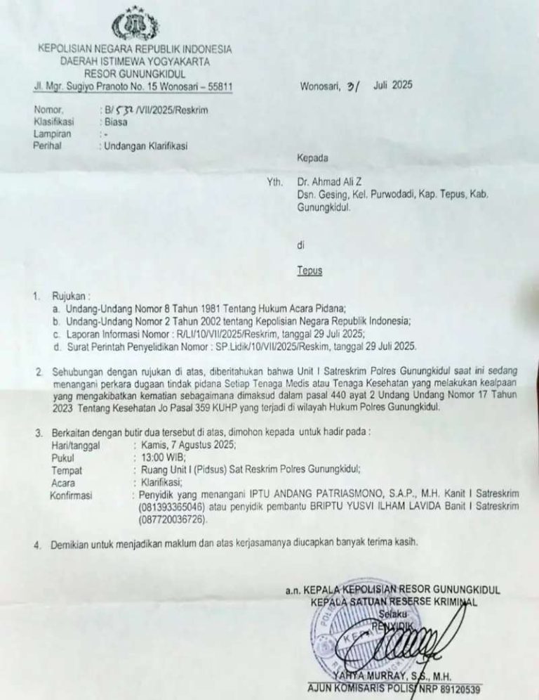 Dugaan Malpraktek di Purwodadi Tepus Akan Diselidiki Satreskrim Polres Gunungkidul