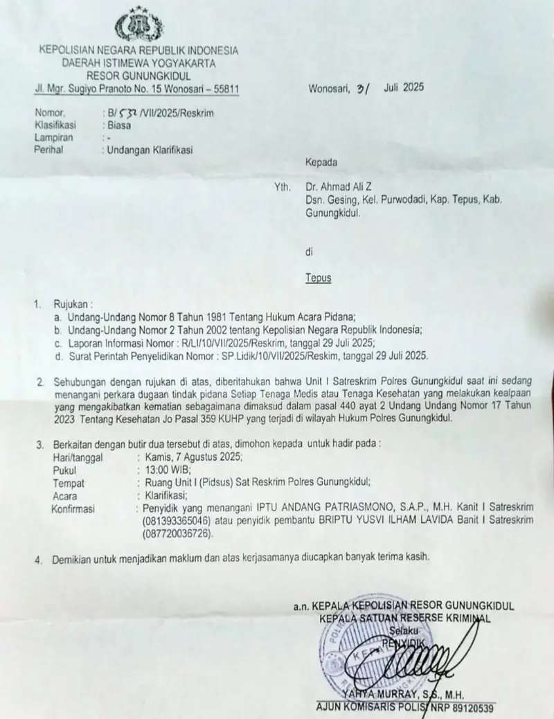 Dugaan Malpraktek di Purwodadi Tepus Akan Diselidiki Satreskrim Polres Gunungkidul