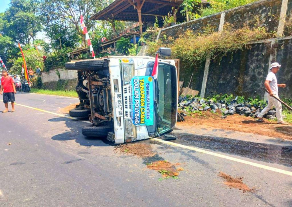 Akibat Rem Blong Truk Bermuatan Cabai Terguling di Patuk