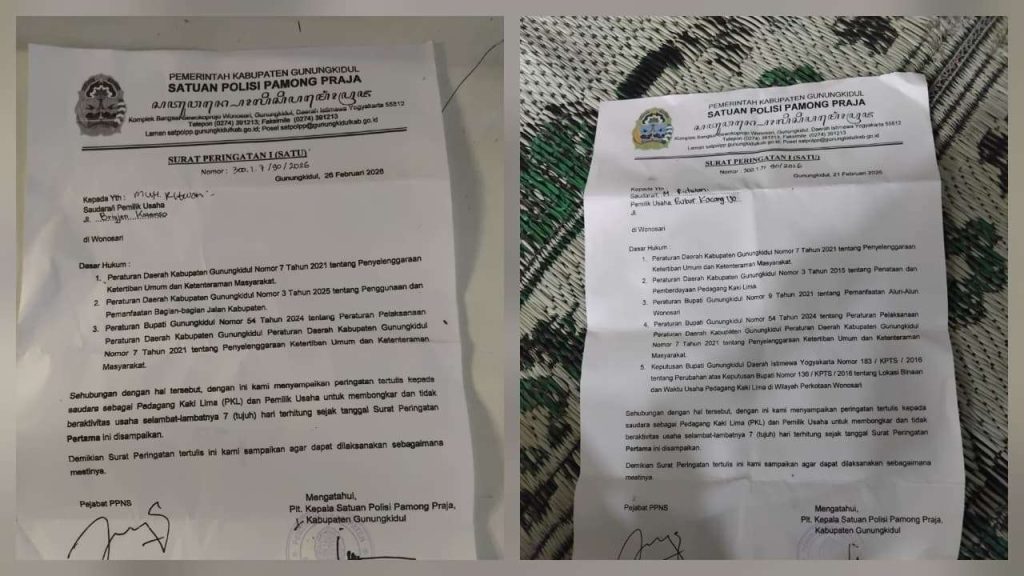 Bikin Geleng Kepala, Ada Dua Surat dan Ada Indikasi Maladministrasi Penertiban PKL Wonosari