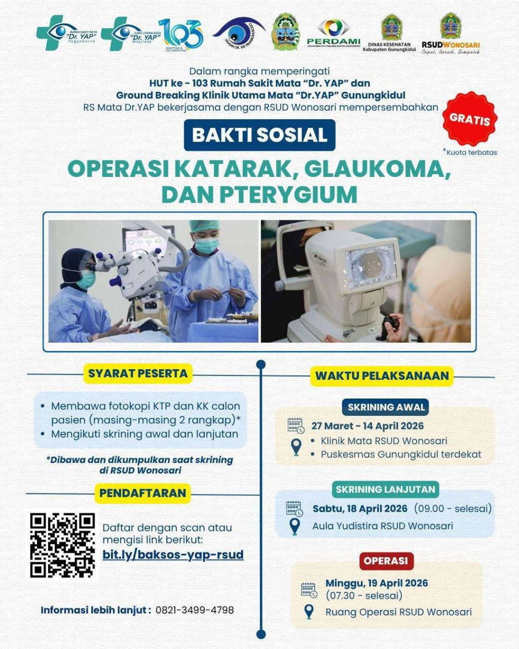 GRATIS! Bakti Sosial Operasi Mata Digelar di Gunungkidul untuk HUT RS Mata “Dr. YAP” ke-103