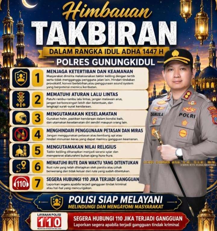 Idul Adha 1447 H: Polres Gunungkidul Terbitkan Himbauan, Takbir Keliling Harus Tertib, Aman, dan Bernilai Syiar