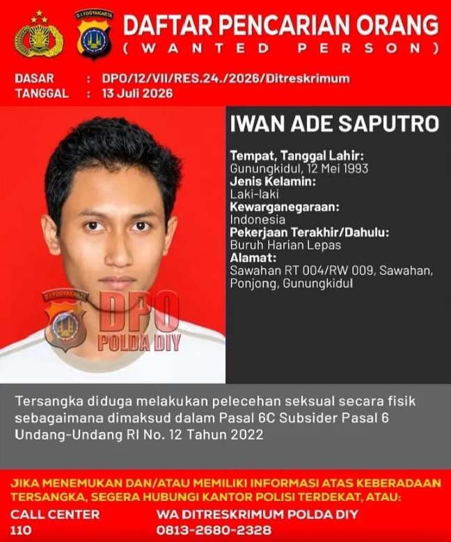 Kasus Dugaan Pelecehan Seksual: Polda DIY Terbitkan DPO Buruan Asal Gunungkidul